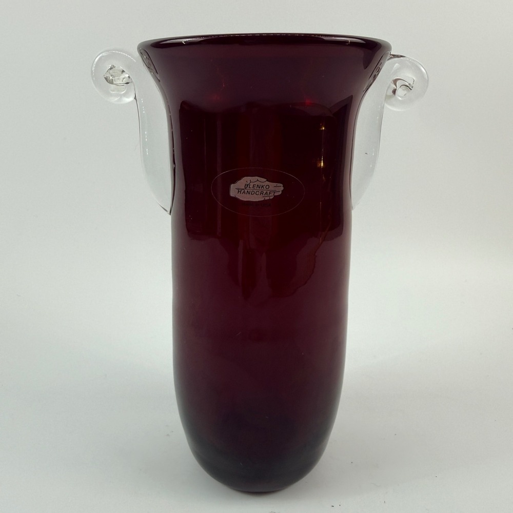 Blenko Ruby Red Glass Vase Non-Catalog Applied Clear Scroll Handles Silver Label - Picture 3 of 10